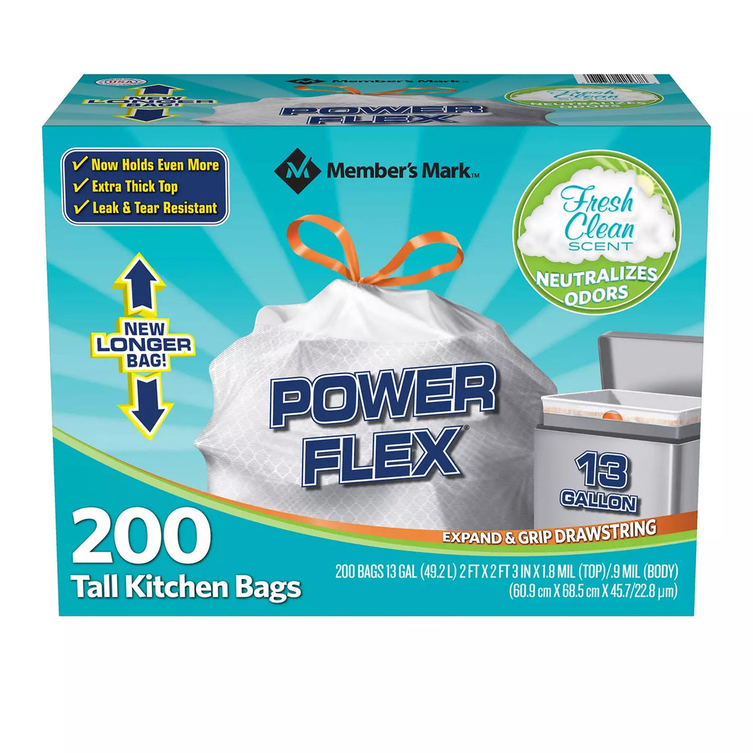 Member's Mark Power Flex Tall Kitchen Simple Fit Drawstring Bags (13 gal., 200 ct.) - Trash Bags